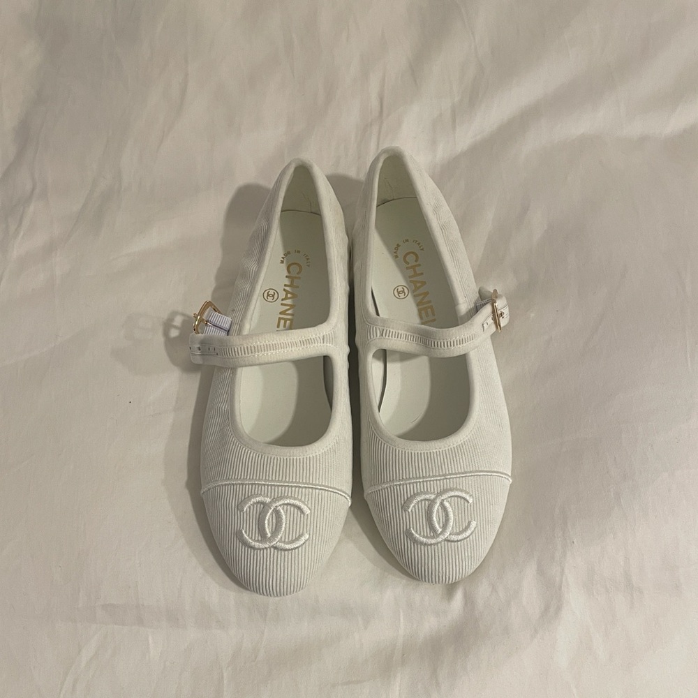 Never Worn White Mary Jane Ballet Flats with CC Logo